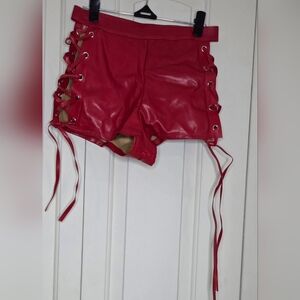 Vibrant Red Lace-Up High Waist Shorts